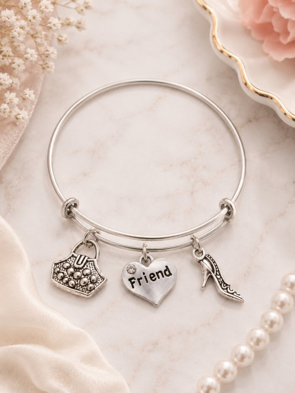 Best Friend Charm Bangle Bracelet Silver Purse Heel Heart Gift